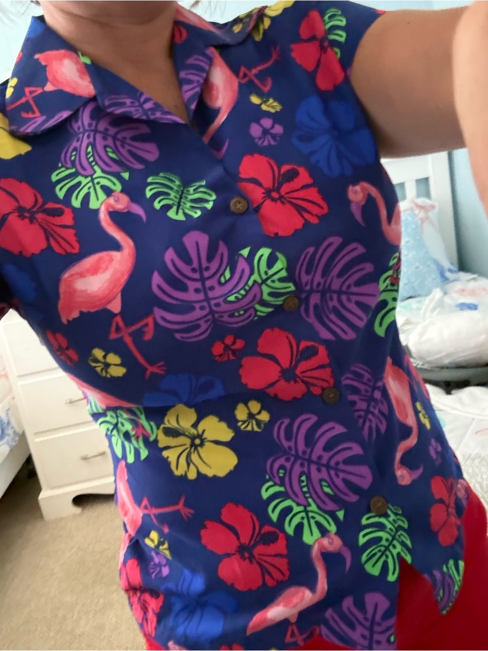 Women's Navy Floral Flamingo Button-Front Blouse